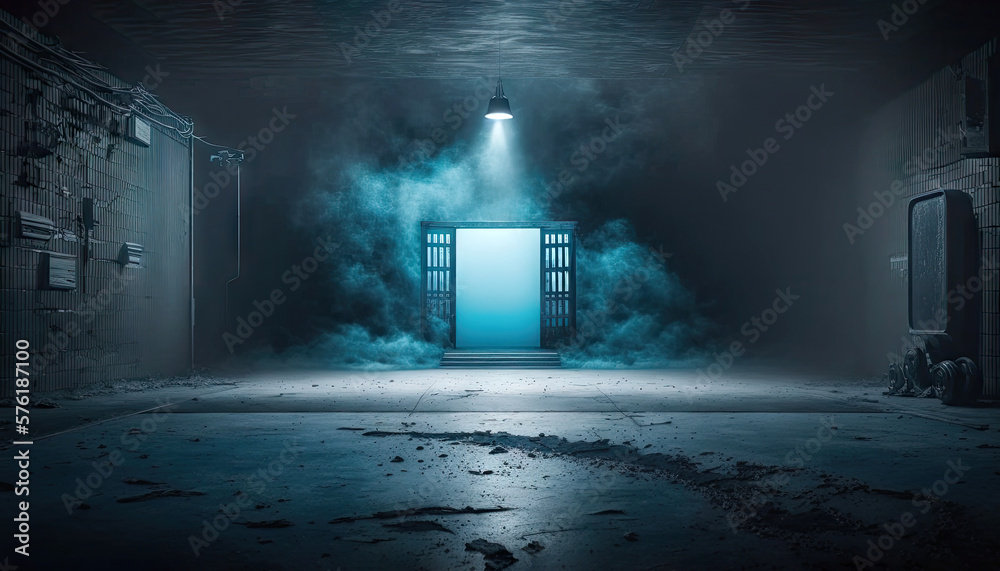 Technology abstract neon light background, empty space scene, spotlight, dark night, virtual reality, cyber futuristic sci-fi background, studio for mock up with floated smoke with Generative AI.