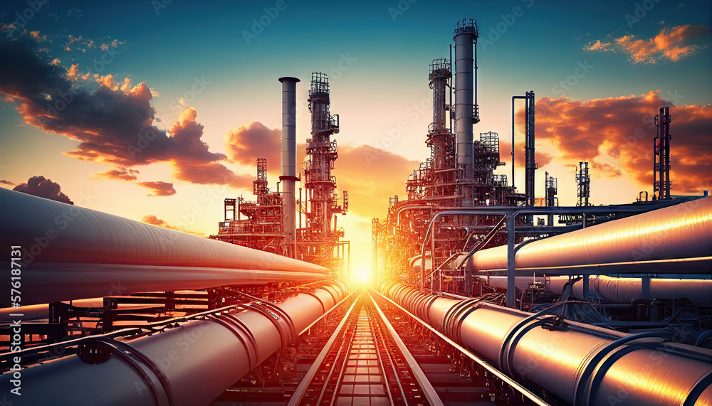 Industry pipeline transport petrochemical, gas and oil processing, furnace factory line, rack of heat chemical manufacturing, equipment steel pipes plant with Generative AI. - obrazy, fototapety, plakaty 