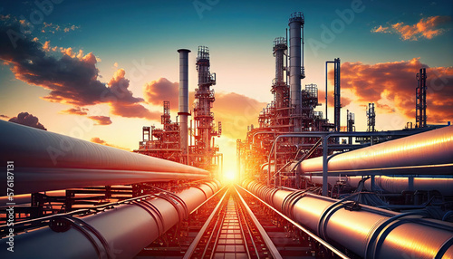 Photo Industry pipeline transport petrochemical, gas and oil processing, furnace factory line, rack of heat chemical manufacturing, equipment steel pipes plant with Generative AI