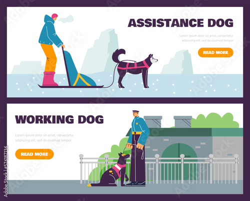 Set of website banner templates about assistance dog flat style