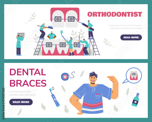 Orthodontic and installation of dental braces banners flat vector illustration.