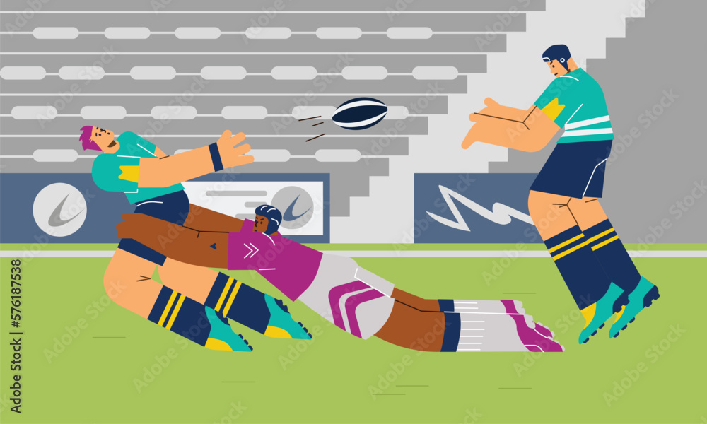 Rugby players characters on stadium field, flat cartoon vector illustration. Rugby players characters on stadium field, flat cartoon vector illustration.