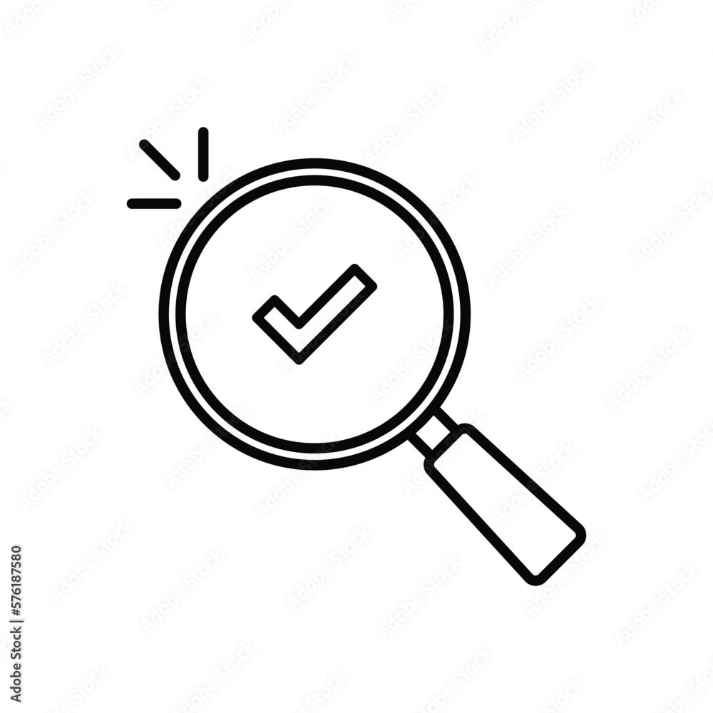 thin line abstract black magnifier with check mark. linear minimal trend modern simple stroke loupe logotype design web element isolated on white. concept of analysis tool and approve or accept thin line abstract black magnifier with check mark. linear minimal trend modern simple stroke loupe logotype design web element isolated on white. concept of analysis tool and approve or accept