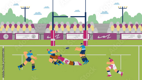 Stadium field with rugby league teams match, flat cartoon vector illustration.