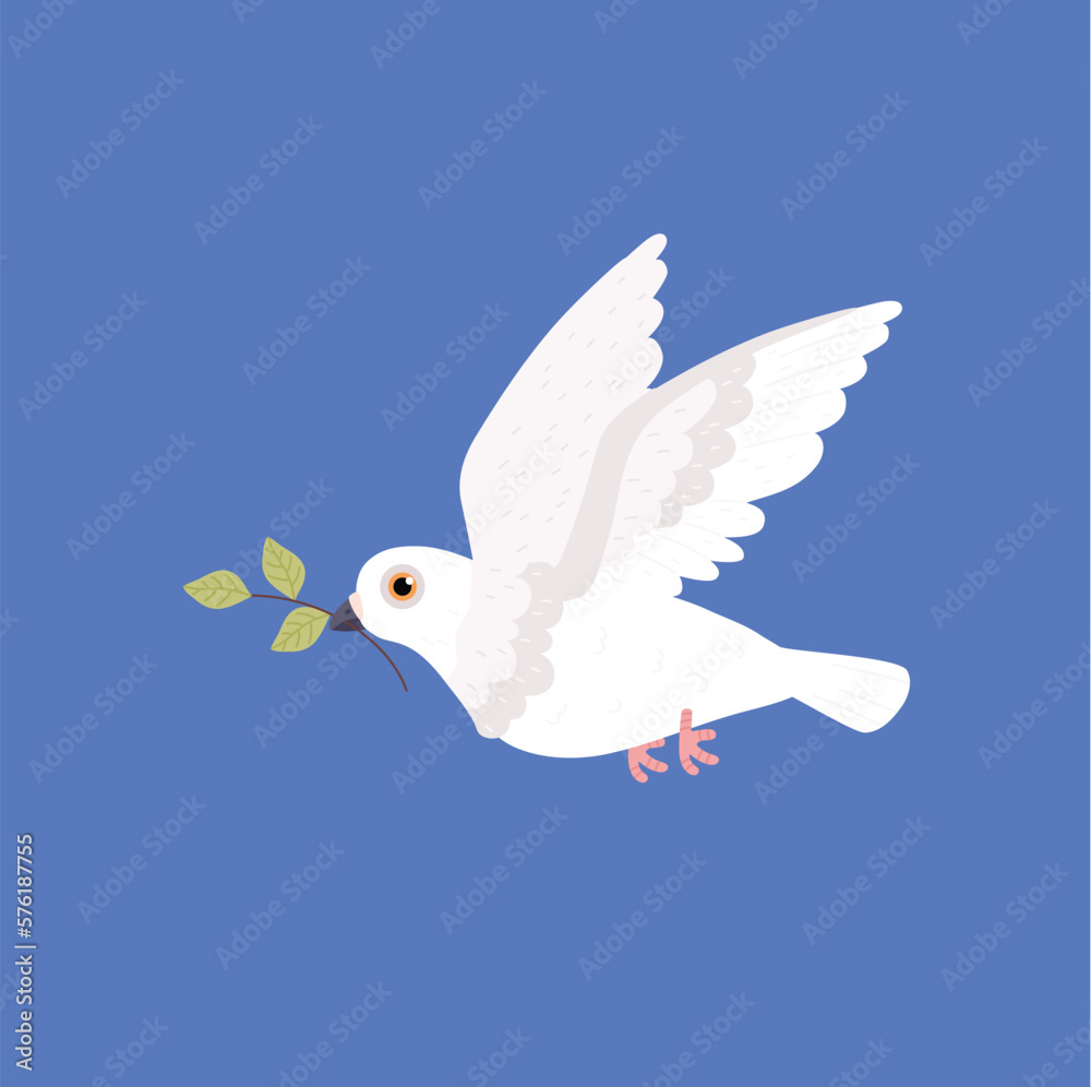 Fototapeta premium White flying pigeon holding twig with leaves in beak side view flat style