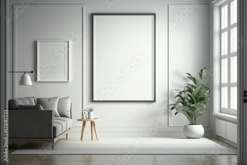 big picture frame art in a white room, empty copy space, product display, bright frame mock up, white blank canvas, generative ai