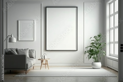 big picture frame art in a white room  empty copy space  product display  bright frame mock up  white blank canvas  generative ai