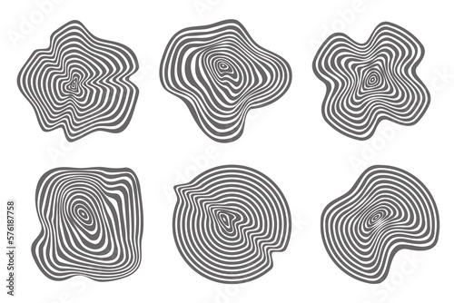 Topographic wooden tree rings patterns. Abstract organic textured circles. Circular shapes backgrounds. Vector annual growth slices.
