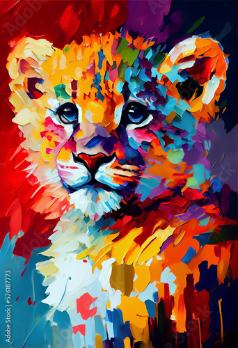  Lion cub colorful palette-knife painting © Michael