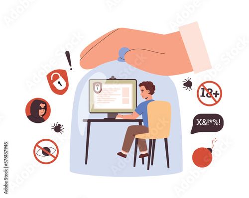 Kid boy sitting under large glass jar flat style, vector illustration
