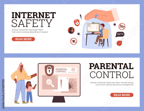 Safe internet and parental control of kids online, poster set flat vector illustration. photo