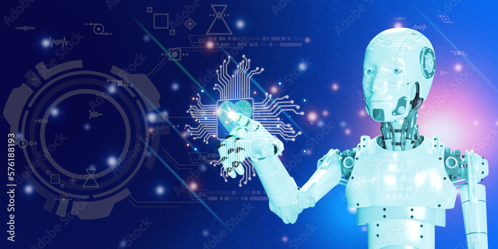 Fototapeta premium 3D robotic with element hud futuristic digital icon abstract blue bakground, technology concept