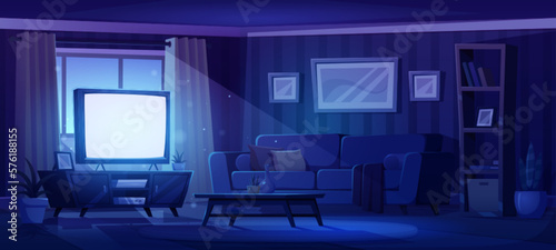 Dark living room interior with tv at night. Empty home or apartment interior with window, sofa, television set on stand, coffee table and bookcase in evening, vector cartoon illustration