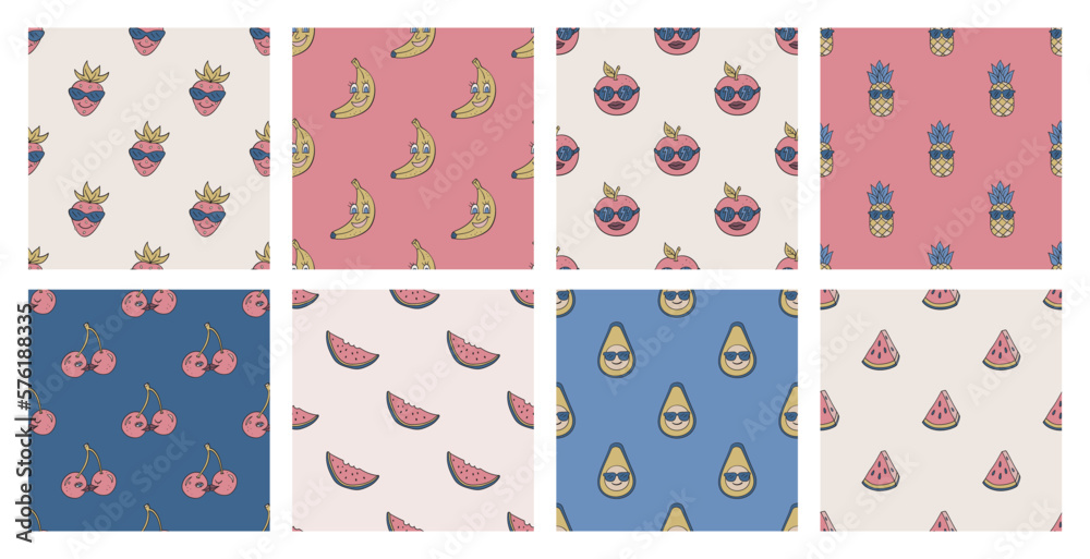 Set of cool fruit and berry patterns. Collection of repeat food elements backgrounds for textile, design, fabric, cover etc. Set of cool fruit and berry patterns. Collection of repeat food elements backgrounds for textile, design, fabric, cover etc.