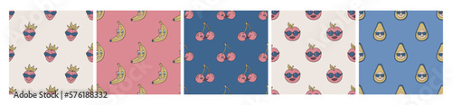 Set of cool fruit and berry patterns. Collection of repeat food elements backgrounds for textile, design, fabric, cover etc.	