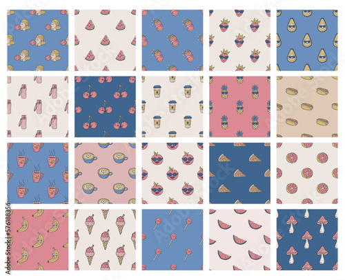 Set of food and drink patterns. Collection of repeat food elements backgrounds for textile, design, fabric, cover etc.