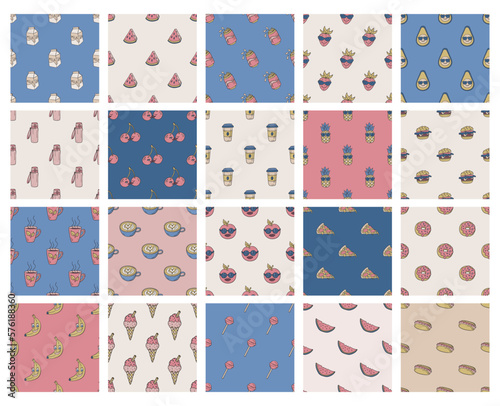 Set of food and drink patterns. Collection of repeat food elements backgrounds for textile, design, fabric, cover etc.