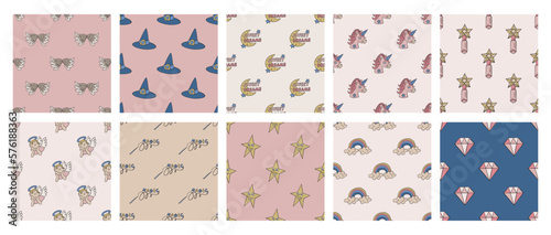 Set of cute magic patterns. Collection of dreamy backgrounds for textile, design, fabric, cover etc. 
