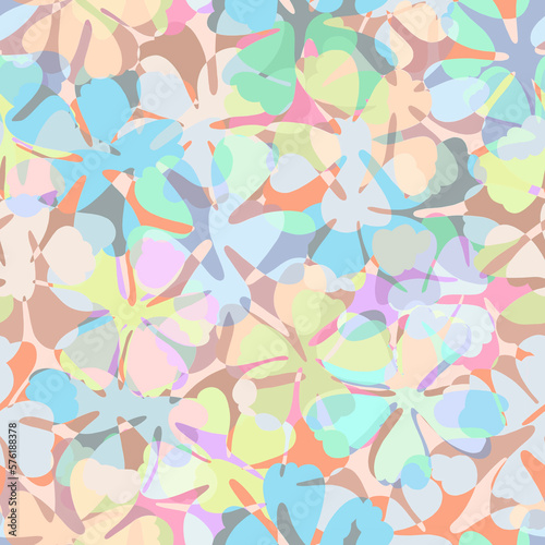 Spring botanical layered seamless pattern with light multicolor transparent mosaic flowers