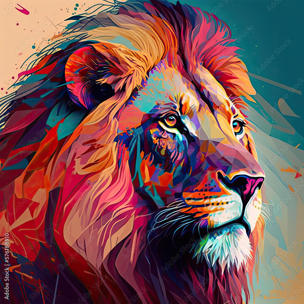 Head of beautiful, colorful lion design, fierce, powerful large predator, dangerous wildlife, wild animal, strong mane.  Illustration art.