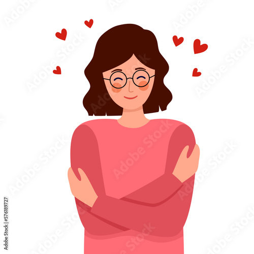 Self love concept vector illustration. Young woman hugging herself with red heart shape around in flat design. Happiness.
