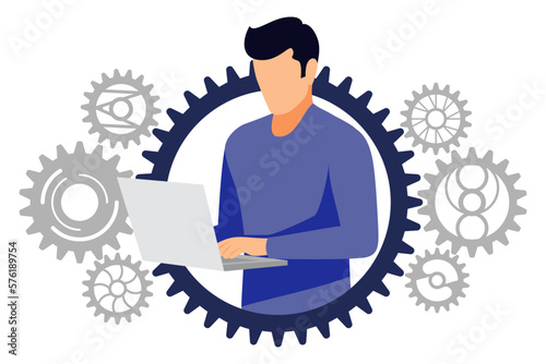 Freelancer male character working with pc laptop in gear avatar with gear system isolated on white background