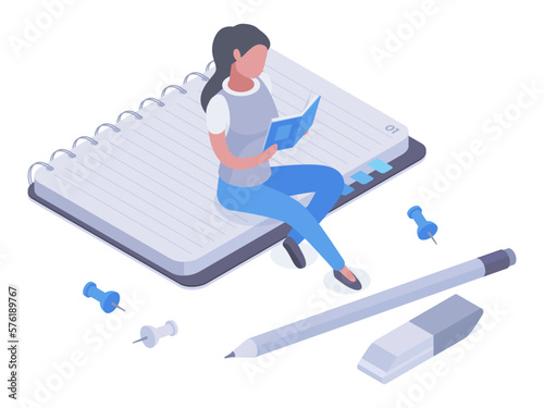 Isometric woman reading book. Female student studying, exam preparation, tiny girl reading on huge notebook, college library 3d vector illustration