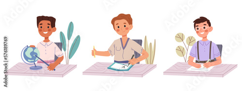 School boys at classroom desk. Elementary school students lesson activity, male pupils writing and drawing flat vector illustration set