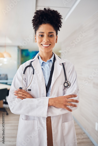 Fotografija Portrait, black woman and doctor arms crossed, healthcare and smile in hospital, leader and confident