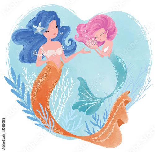 Mother and cute daughter mermaid drawing, mother's day illustration.