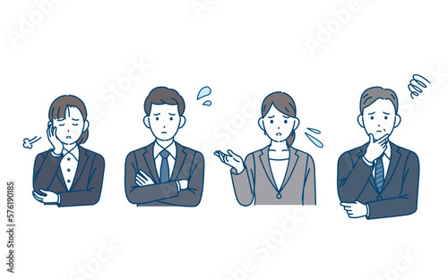 困る、不安な表情をするスーツ姿の男女のイラスト　ビジネスパーソン