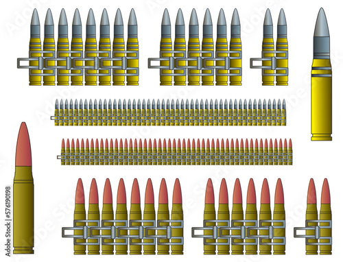 2 types of machine gun bullets and ammunition belt with different warheads.