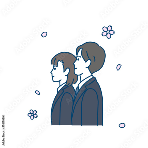入社式、新社会人、新卒の若い男女のイラスト