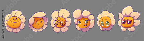 Happy daisy characters in retro groovy style. Cute flowers with smiling faces. Funny comic chamomile characters for vintage stickers isolated on background, vector set in contemporary style