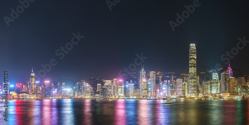 Photography Panorama of Victoria harbor of Hong Kong city at night