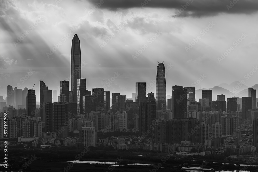 Silhouette of skyline of Shenzhen city, China under sunset. Viewed from Hong Kong border