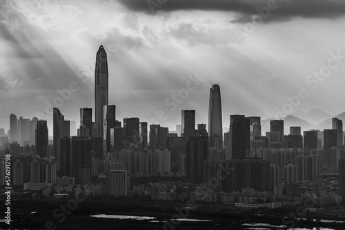 Silhouette of skyline of Shenzhen city  China under sunset. Viewed from Hong Kong border