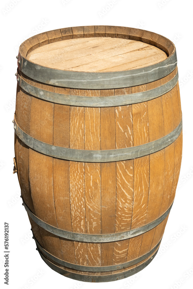 Old shabby wooden alcohol barrel with grey metal rings isolated on white background. side and top view. Old shabby wooden alcohol barrel with grey metal rings isolated on white background. side and top view.