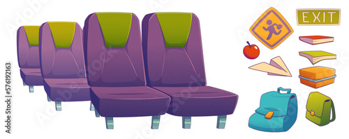 School bus seats. Train, public vehicle cabin interior set with passenger chairs, books and signs. Autobus for kids transportation inside, vector illustration in contemporary style