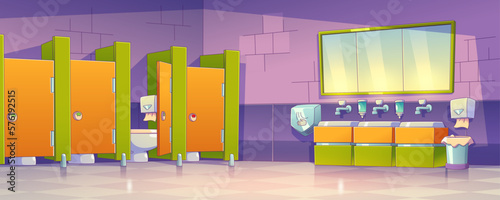 Public toilet, restroom in school, mall or office. Empty washroom interior with mirror, tile walls, ceramic sink, wc stalls with toilet bowls, vector illustration in contemporary style