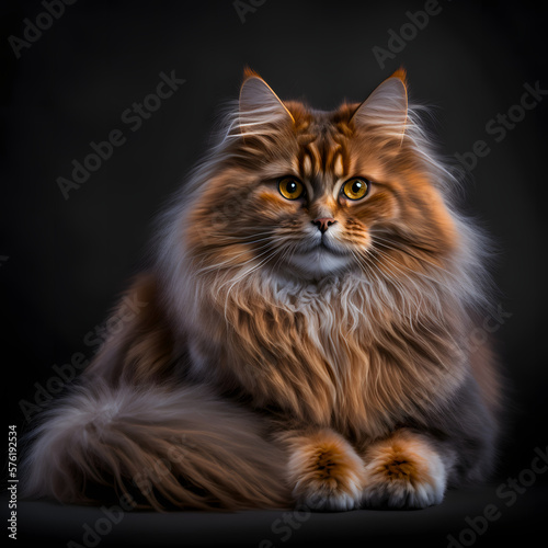 A portrait of a fluffy brown cat sitting against a black background
