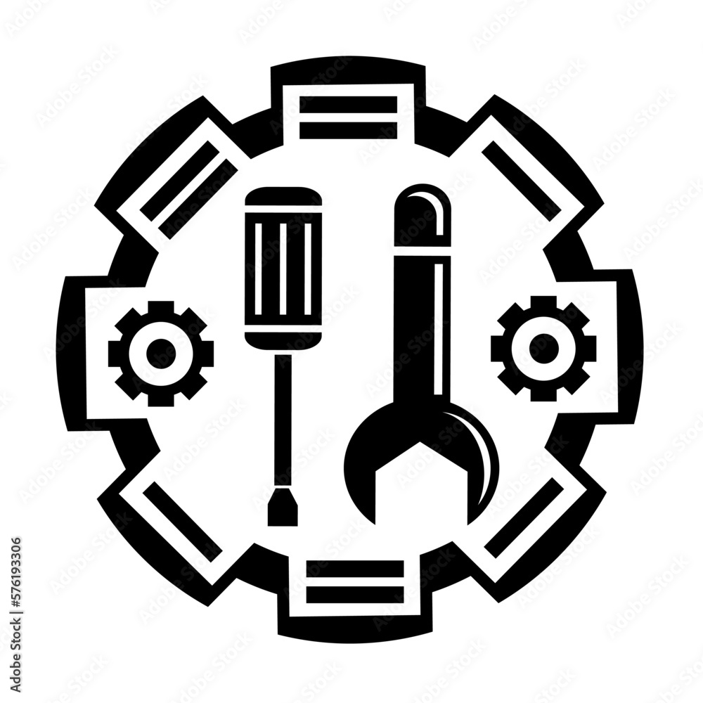 Vector illustration, logo, web icon. A gear, a wrench and a screwdriver. Isolated on a white background. Vector illustration, logo, web icon. A gear, a wrench and a screwdriver. Isolated on a white background.