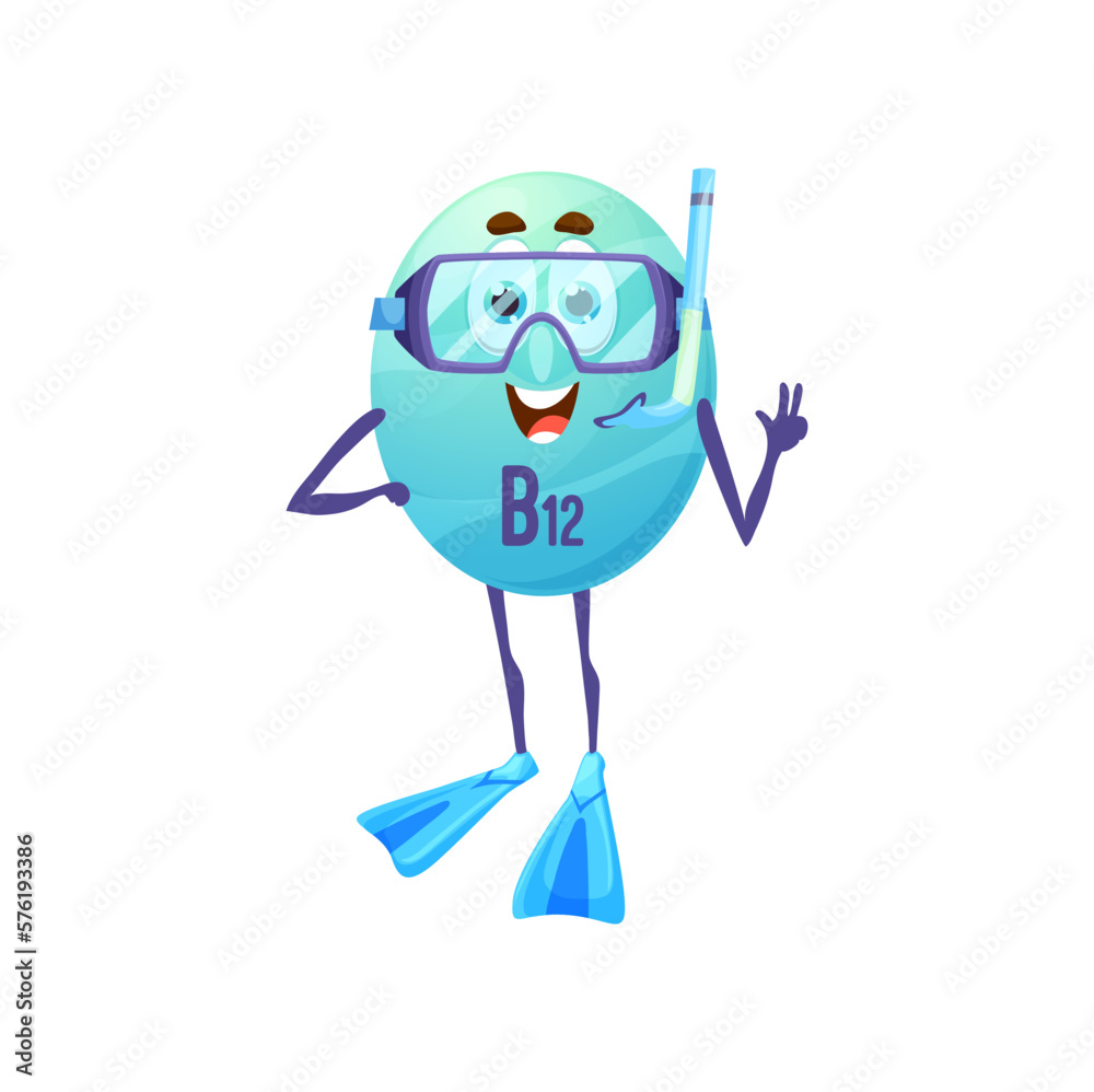 Cartoon vitamin B12 with fins and diving mask