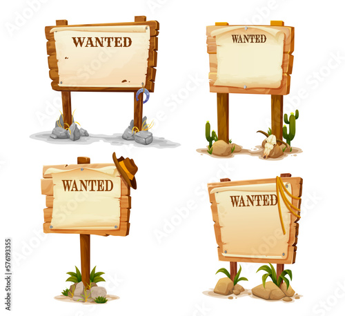Western wood signs, cartoon wanted wooden boards