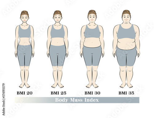 ボディマスインデックス 若い女性の体形変化 ダイエットのビフォーアフター 正面 イラスト ベクター	
