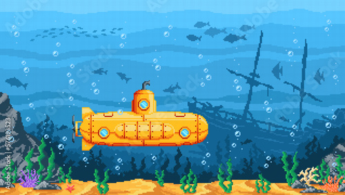 Pixel game submarine, underwater vector landscape