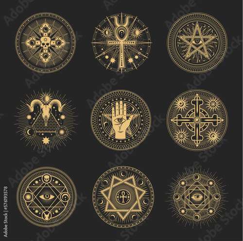 Fotografiet Mason signs, occult and esoteric pentagram symbols