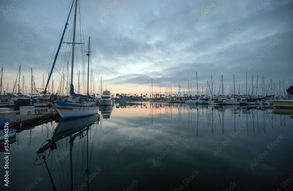 Early morning sunrise view of Channel Islands Harbor in Oxnard California United States