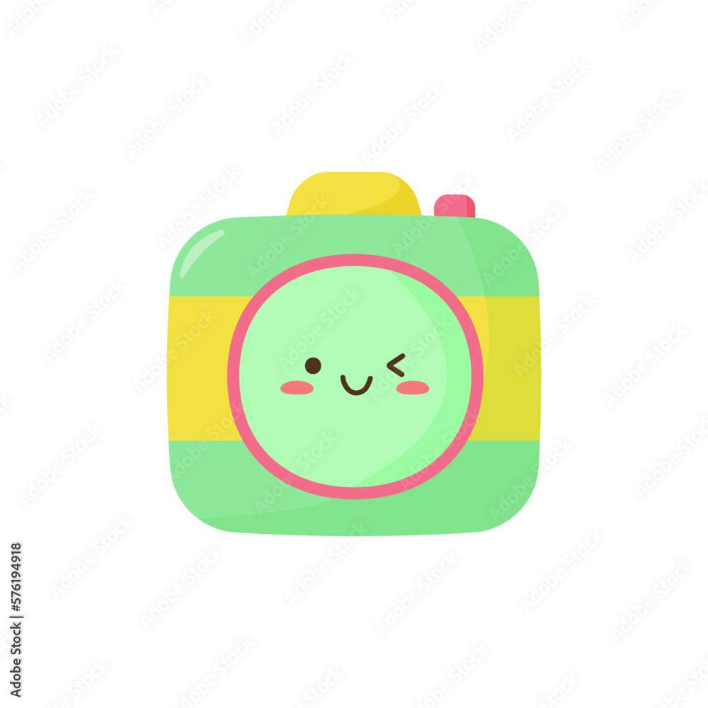 Happy cute smiling and winking kawaii camera. Green kawaii camera emoji