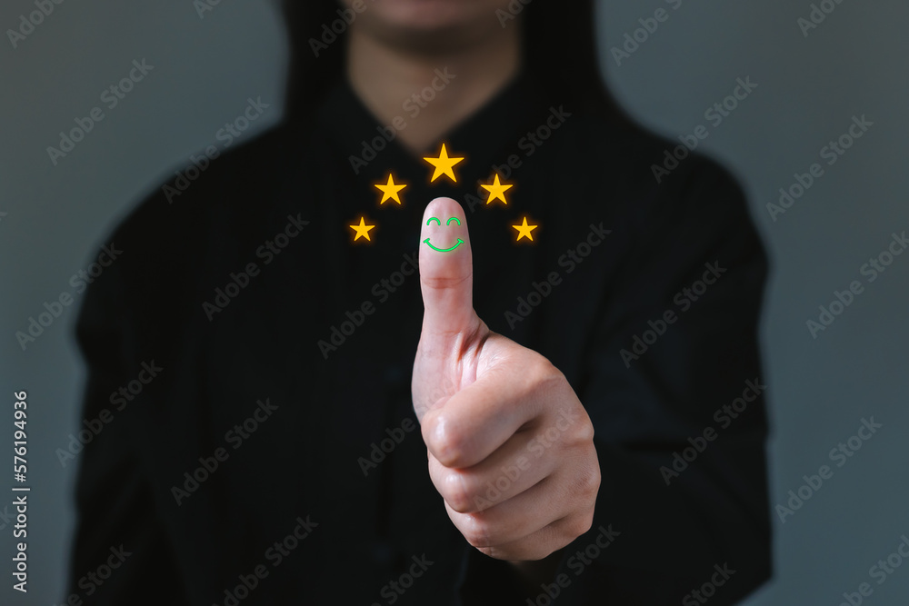 Thumb up with positive emotion smiley face icon and five star. Best ...